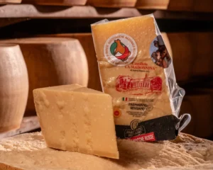 Parmigiano Reggiano Vacche Rosse poggiato sulla maestosa forma di produzione.
