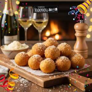 CASEIFICIO LA MADONNINA Parmigiano Reggiano Ricette di CARNEVALE A wooden platter with round fried balls topped with cheese, white sauce on the side, and two wine glasses in the background.