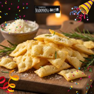 CASEIFICIO LA MADONNINA Parmigiano Reggiano Ricette di CARNEVALE Golden fried pasta chips topped with grated cheese and fresh rosemary on a wooden board.