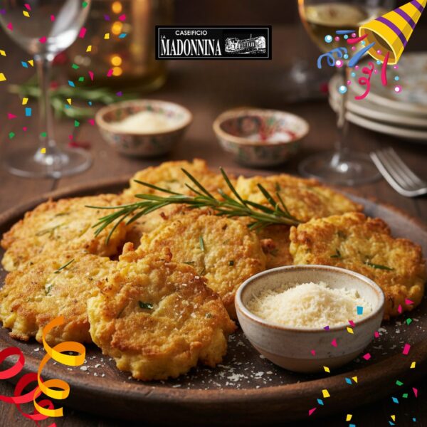 CASEIFICIO LA MADONNINA Parmigiano Reggiano Ricette di CARNEVALE A platter of crispy golden fritters garnished with rosemary, served with grated cheese.