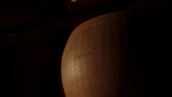 Primo piano di una forma di Parmigiano Reggiano matricola 2157 presso il Caseificio La Madonnina, Salsomaggiore Terme