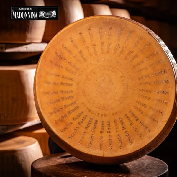 CASEIFICIO-LA-MADONNINA-Stagionatura-Parmigiano-Reggiano- A round cheese wheel with a smooth surface, engraved markings, and stacked cheeses in the background.