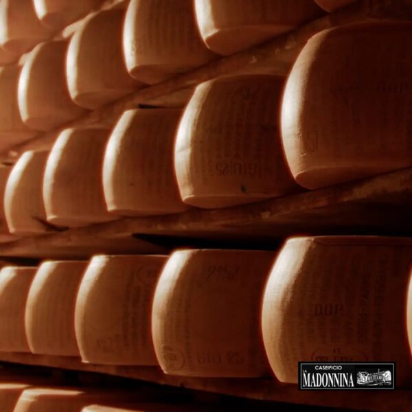 CASEIFICIO-LA-MADONNINA-Stagionatura-Parmigiano-Reggiano- A round cheese wheel with a smooth surface, engraved markings, and stacked cheeses in the background.