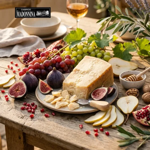 CASEIFICIO LA MADONNINA - Frutta fresca e Parmigiano Reggiano - A cheese block on a plate with figs, grapes, pears, honey, and pomegranate seeds on a wooden table.